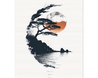 May include: A minimalist art print depicting a landscape scene. A silhouetted tree and rocky shoreline are set against a full moon and an orange-toned sun. The words "Inhale, Exhale, Await, Water, Quiet" are printed vertically.