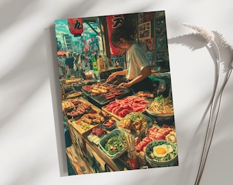Japanese Street Food Poster | Tokyo Market Art Print | Colorful Japan Wall Art | Ramen and Yakitori Food Illustration Decor