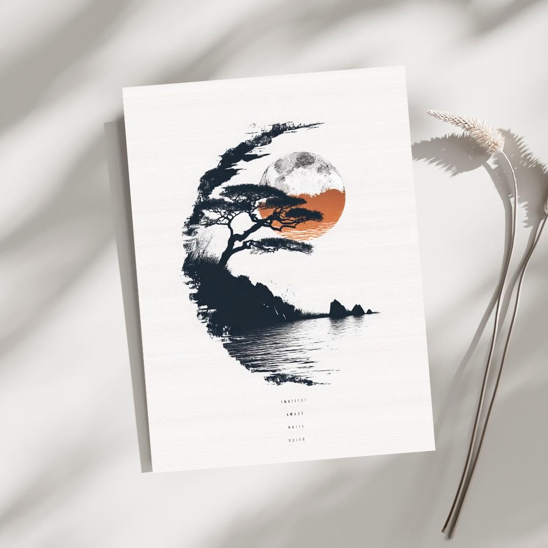 Japanese Minimalist Moon Art Print | Zen Wall Art | Nature Landscape ...