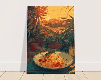 Pôster de macarrão com pôr do sol italiano | Impressão artística de jantar mediterrâneo | Arte de parede para cozinha aconchegante | Ilustração de decoração romântica para casa na Itália