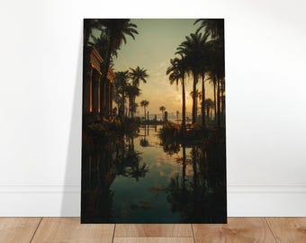 Puede incluir: Una impresión artística enmarcada que representa un paisaje sereno con palmeras y una masa de agua que refleja el cielo. La obra de arte presenta una paleta de colores cálidos con tonos dorados, creando una escena tranquila y acogedora.