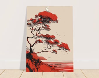 日本の赤い木の壁アート | ミニマリストの風景ポスター | アジアの自然プリント | 禅の室内装飾 | モダンな東洋アートプリント