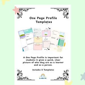 Könnte beinhalten: Hellgrüner Hintergrund mit weißem Rand, der den Text "One Page Profile Templates" zeigt. Das Bild enthält Beispielvorlagen mit Textfeldern und Illustrationen. Der Text lautet: "A One Page Profile is important for students...Includes 8 Templates."