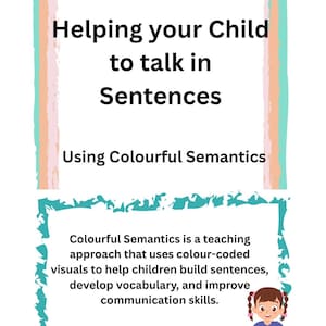 May include: A white educational poster with the text "Helping your Child to talk in Sentences" and "Using Colourful Semantics." The poster explains Colourful Semantics, a teaching approach using visuals to help children build sentences and improve communication skills.