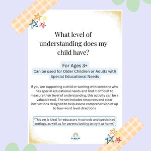 May include: A white card with text asking "What level of understanding does my child have?" and "For Ages 3+". It provides information for those with special educational needs. Decorative elements include star and plaid tape.