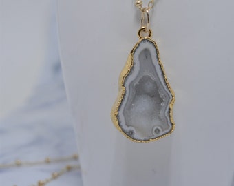 Long Gold Geode Necklace, Gold Druzy Necklace