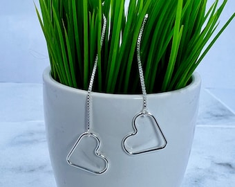 Sterling Silver Long Heart Earrings