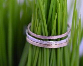 Rose Gold Sterling Silver and Yellow Gold Ultra Skinny Stacking Ring Set, Mixed Metal Stackers