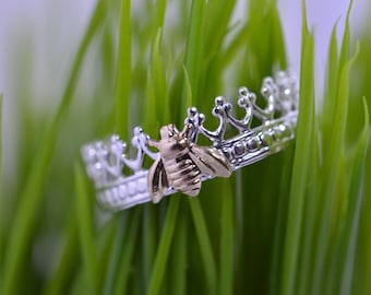 Sterling Silver and Gold Queen Bee Crown Ring with Gold Fill Bee