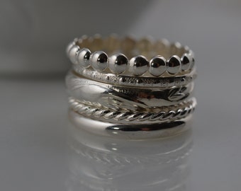 Sterling Silver Stacking Ring Set of 5 Pattern Rings / Custom Stack Rings / Floral / Vine / Twist / Simple