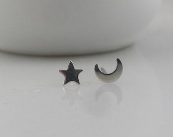 Tiny Sterling Silver Moon and Star Earrings