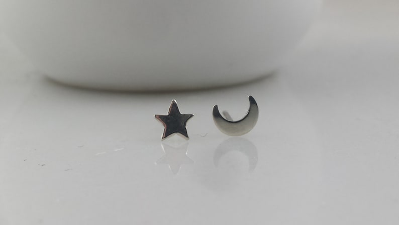 Tiny Sterling Silver Moon and Star Earrings image 1