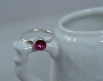 Sterling Silver Gemstone Ring - 6mm Hot Pink Blush Topaz Ring - Stacking Birthstone Ring