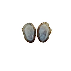 May include: Two oval-shaped, polished agate slices. The interior of each slice is a light, crystalline color, surrounded by a band of white and a dark brown outer edge. The slices are displayed against a white background.