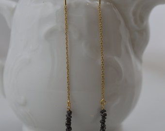 14k Gold Black Diamond Thread Earrings - Raw/Rough/Uncut Diamond Earrings