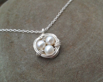 Small Sterling Silver Birds Nest Necklace with Pearls