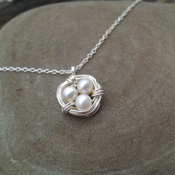 Small Sterling Silver Birds Nest Necklace with Pearls