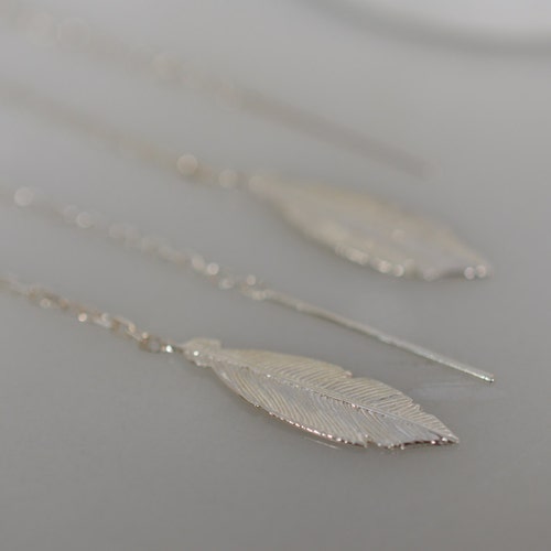 Sterling Silver Feather Earring Pair Feather Threader Etsy