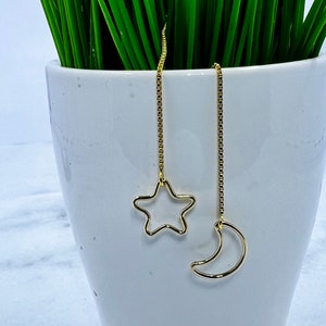 14k Gold Fill Long Star and Moon Earrings