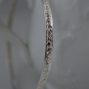 Vine Pattern Bangle Bracelet in Sterling Silver / 925 Skinny Stack/Stacking Bangle / Nature / Scroll / Floral