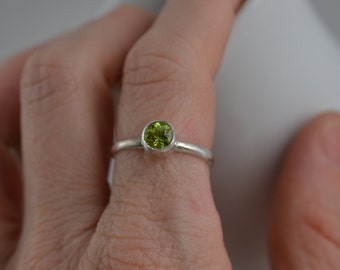 Sterling Silver Gemstone Ring - 3mm Silver Peridot Ring - August Birthstone Ring