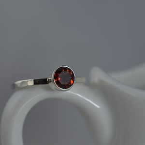 Sterling Silver Garnet Ring - Hammered Band, January Birthstone