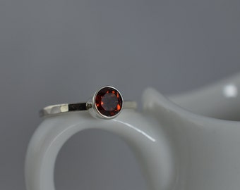 Sterling Silver Gemstone Ring - 5mm Red Garnet Ring - January Birthstone Ring