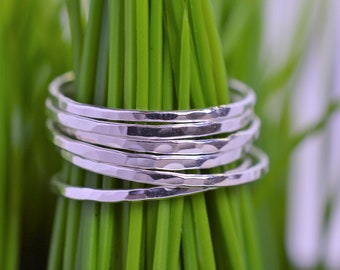 Super Skinny Sterling Silver Stack Rings, Hammered Stacking Rings Ultra Thin- Set of 3, 5 or 7