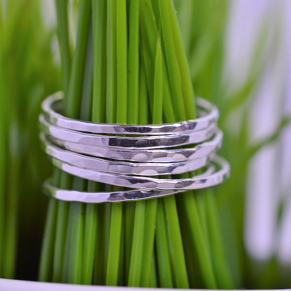 Super Skinny Sterling Silver Stack Rings, Hammered Stacking Rings Ultra Thin- Set of 3, 5 or 7