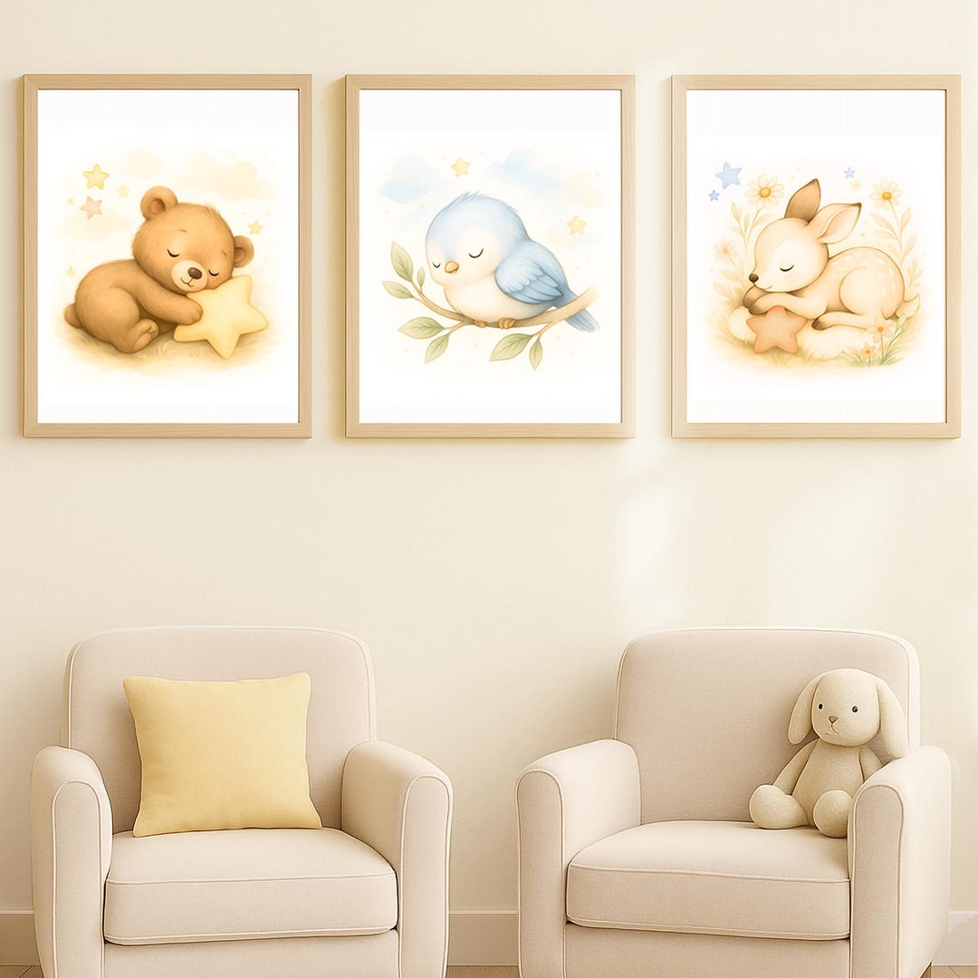 Moodikids Sweet Dreams Wall Art – Set of 3 Pastel Sleeping Animal ...