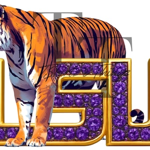 May include: An orange and black tiger stands next to the letters "LSU". The letters are gold with purple gems. The tiger is detailed with white and black stripes.