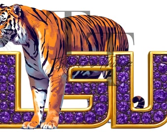 Op de afbeelding: Een oranje en zwarte tijger staat naast de letters "LSU". De letters zijn goudkleurig met paarse edelstenen. De tijger is gedetailleerd met witte en zwarte strepen.