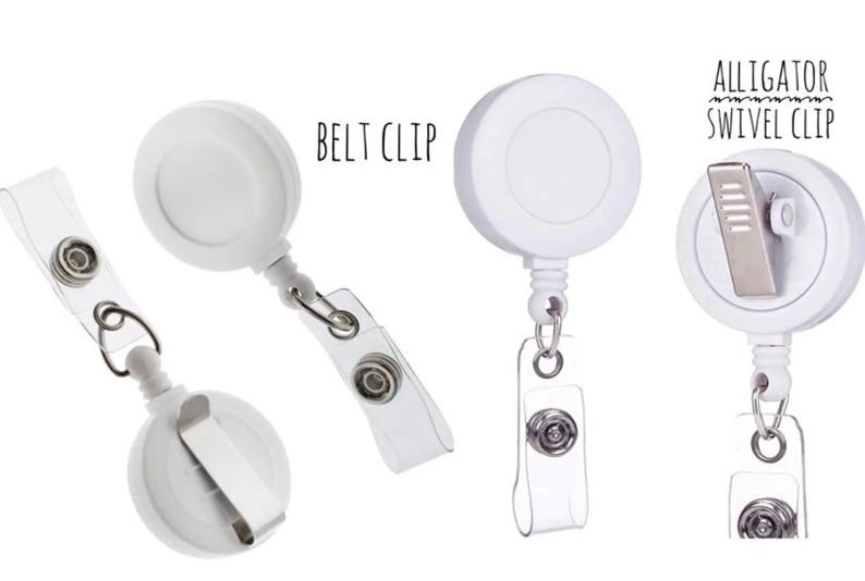 May include: White retractable badge reels with clear plastic straps and metal clips. The image shows two types: a belt clip and an alligator swivel clip. Text on the image reads "Belt Clip" and "Alligator Swivel Clip".
