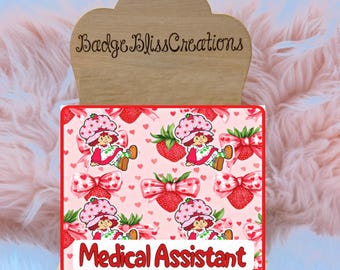Strawberry Badge Buddy: Glitter ID Holder for Medical Assistant