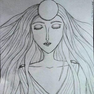 May include: Pencil sketch of a woman with long flowing hair and closed eyes. A large circle is drawn on her forehead. The artwork is signed "Light by Reta Tarn 07.10.2025". The woman is wearing a draped garment.