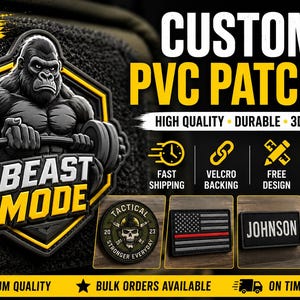 May include: Custom PVC patches featuring a black and yellow graphic of a gorilla lifting a barbell with the text BEAST MODE. Additional examples include a circular tactical skull patch, a US flag patch, a name patch, and a mountain landscape patch.