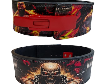 Custom Leather Weightlifting Belt, Skull Fire Gym Powerlifting Back Support Gear