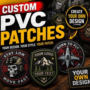 Könnte beinhalten: Individuelle PVC-Aufnäher mit verschiedenen Motiven, darunter ein Totenkopf mit taktischer Ausrüstung, eine Berglandschaft, ein Kampfjet und ein leerer quadratischer Aufnäher. Der Text lautet CUSTOM PVC PATCHES, CREATE YOUR OWN DESIGN, STAY LOW MOVE FAST.