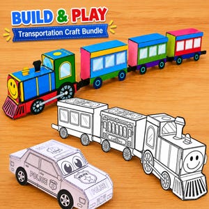 Printable Paper Craft Bundle | 3D Train & Police Car Templates | Color, Cut, Fold and Build