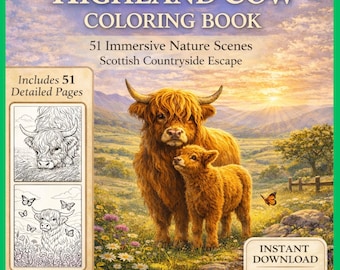 Disegni da colorare di mucche delle Highlands, libro da colorare per adulti stampabile, 51 disegni di animali da fattoria scozzesi, PDF