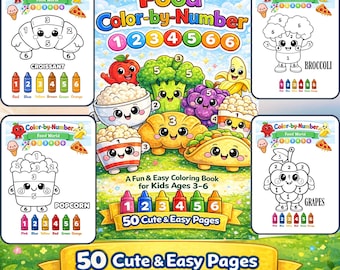 Cibo da colorare in base ai numeri per bambini, libro da colorare stampabile, 50 pagine facili, per bambini piccoli e in età prescolare