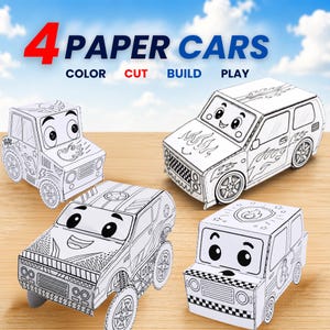 May include: Four white paper cars with black line art designs featuring cartoon faces, flames, and checkered patterns. The text 4 PAPER CARS COLOR CUT BUILD PLAY is displayed at the top. These are assembled paper craft models with visible wheels.