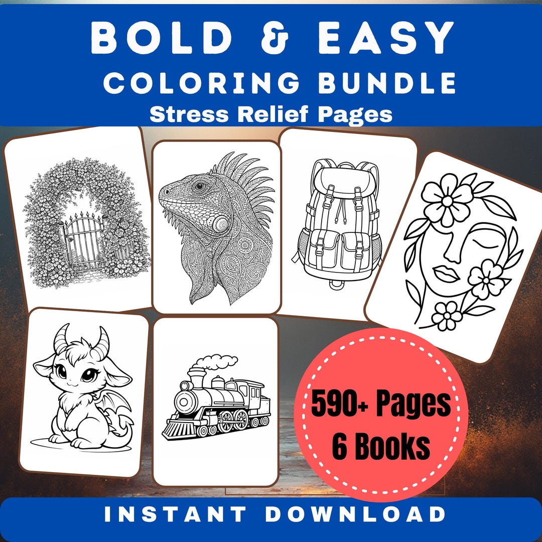 590+ Page Coloring Book Bundle | Bold Easy Stress Relief | 6 Book | for ...