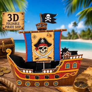 May include: A 3D foldable pirate ship model featuring a large sail with a skull and crossbones graphic, a black flag with a white skull, and a red and brown hull with blue portholes. The text 3D FOLDABLE PIRATE SHIP is printed on a wooden sign.
