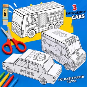 May include: A set of three foldable paper toys featuring a fire truck, an ambulance, and a police car with black outlines on white paper. The image includes a glue stick, red-handled scissors, and crayons, with text reading 3 EMERGENCY CARS.