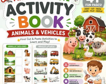 May include: A colorful activity book titled "Find Cut Paste Activity Book: Animals & Vehicles." The cover features illustrations of farm animals, vehicles, and a child using scissors. The book is designed for preschool and kindergarten children to learn through cutting and pasting activities.