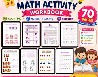Cuaderno de matemáticas para preescolar / 70 hojas de trabajo imprimibles / Conteo, trazado de números y sumas sencillas