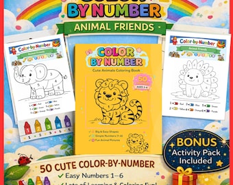 Färglägg djur efter nummer | Målarbok för räkning med förskola | 50 utskrivbara sidor | | Barn lär sig siffror