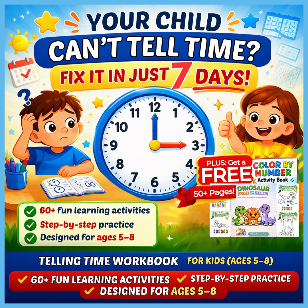 Telling Time Workbook for Kids Ages 5-8 | Printable Activities ...