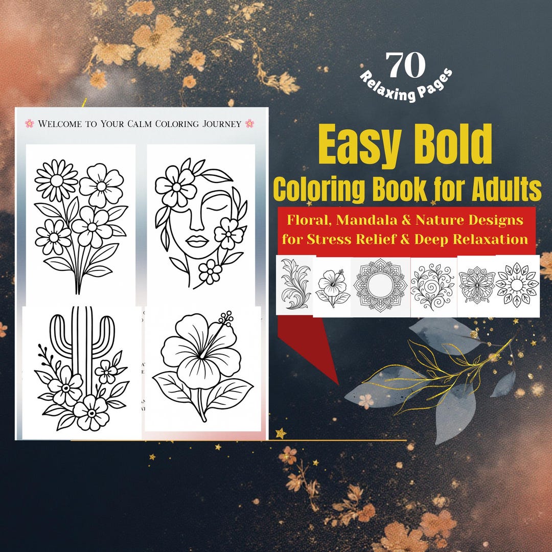 Easy Bold Coloring Book for Adults | Stress Relief Printable | Floral ...